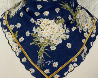 Pañuelo vintage Kenzo azul marino con estampado floral de margaritas (45 x 45 cm)