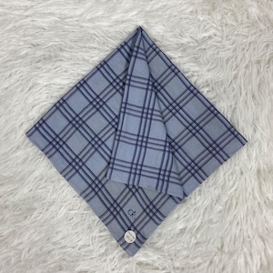 Puede incluir: Un pañuelo a cuadros azul claro y marino, doblado en forma de diamante. El logotipo de Calvin Klein es visible. La tela tiene una textura suave, sobre un fondo blanco y esponjoso. La etiqueta dice 'PRODIK 19 x 19'.