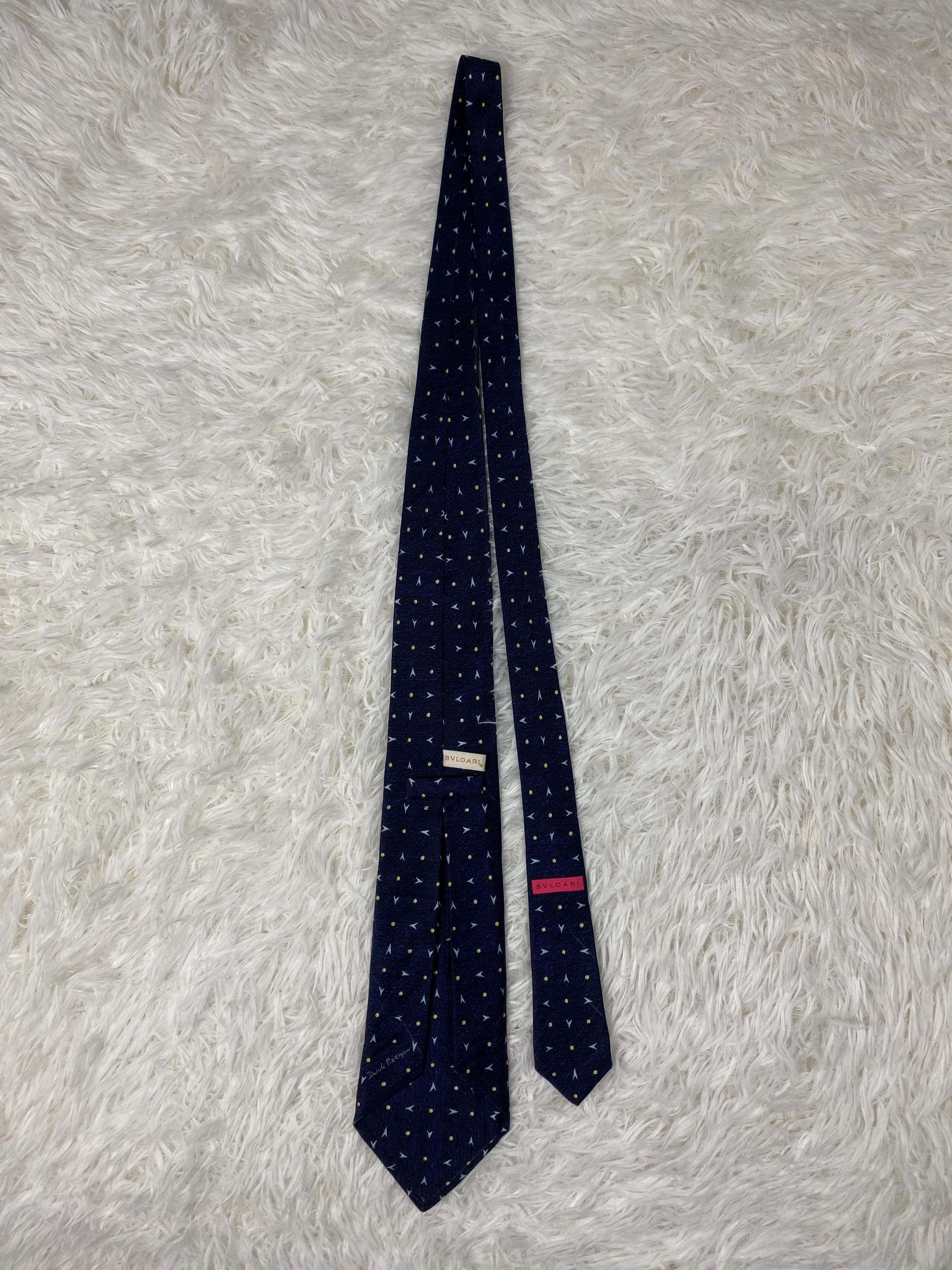 Bvlgari Vintage Silk Tie Navy Blue Geometric Star & Dot Pattern
