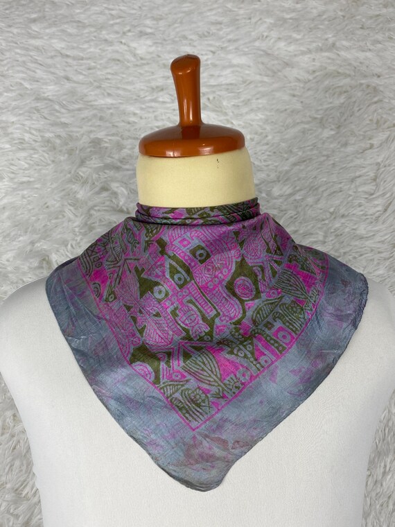 Vintage Hand Woven Silk Scarf – Pink Olive Tribal Folk Art Print (20x21)