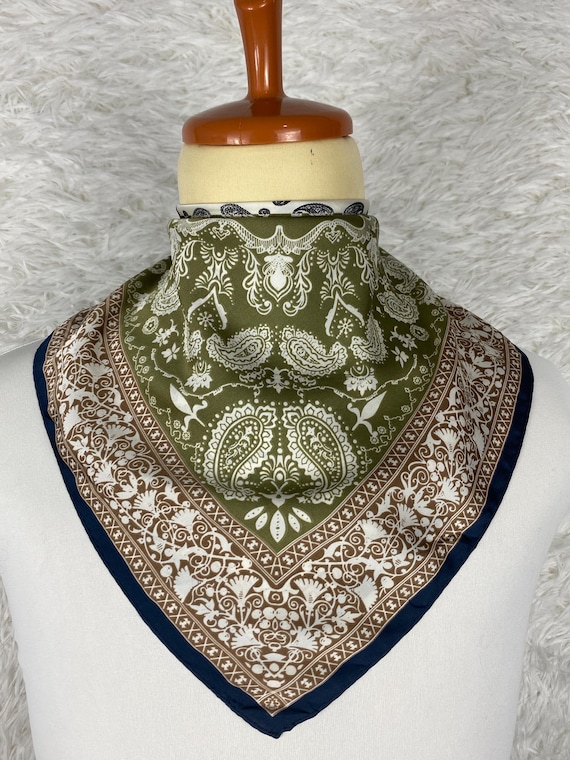 Vintage Paisley Silk Scarf, Olive Green Boho Square Head Wrap (21x21)