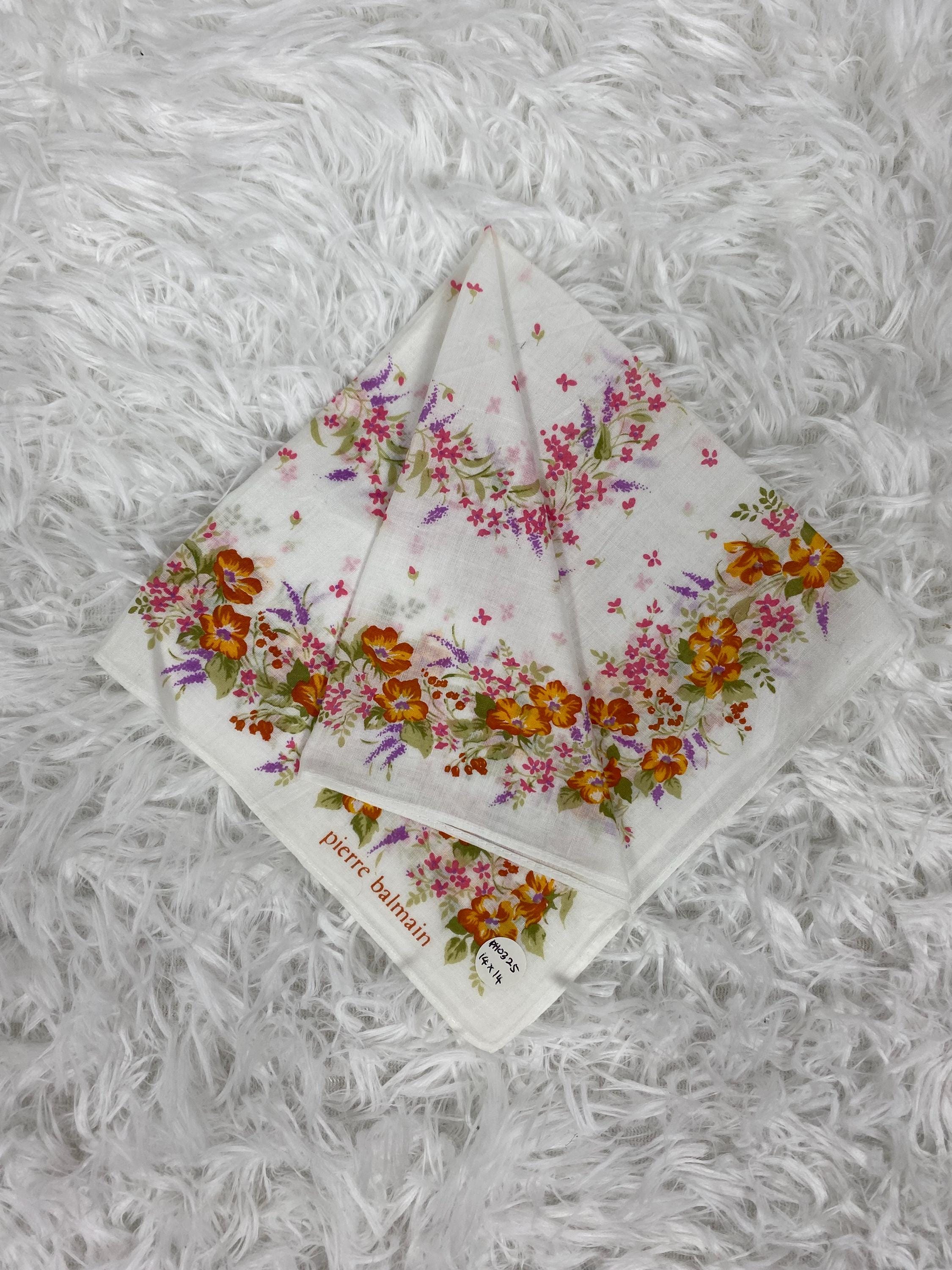 Vintage Pierre Balmain Floral Cotton Handkerchief (14x14 Inches
