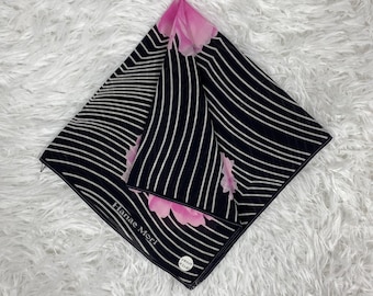 Pañuelo vintage de algodón Hanae Mori, estampado floral de rayas negras (47 x 47 cm)