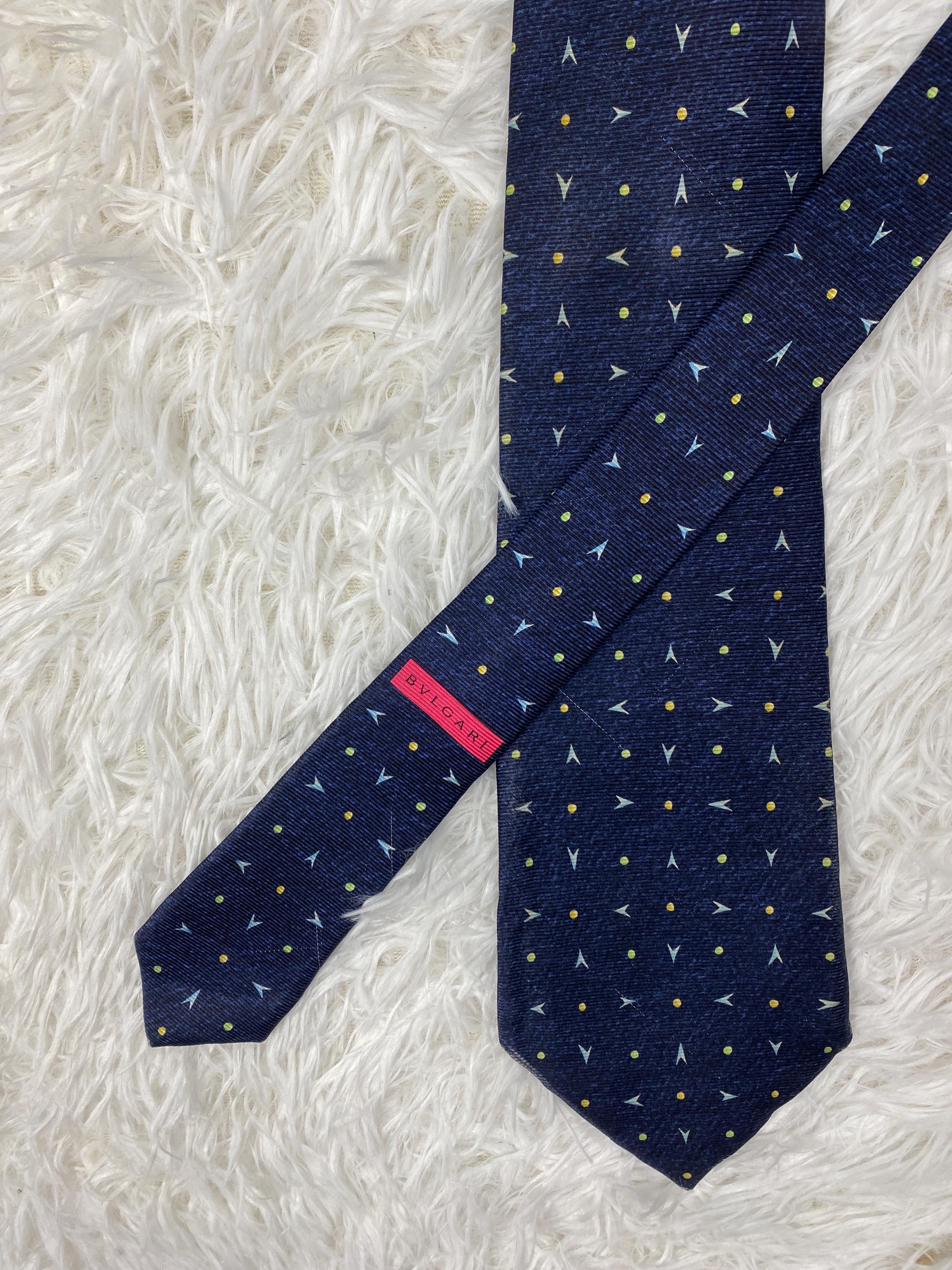 Bvlgari Vintage Silk Tie Navy Blue Geometric Star & Dot Pattern