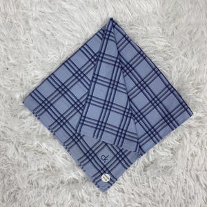 Puede incluir: Un pañuelo a cuadros azul claro con líneas azul oscuro. El pañuelo está doblado en forma de triángulo. El logotipo de Calvin Klein es visible en la esquina. También es visible una pequeña etiqueta blanca con texto.