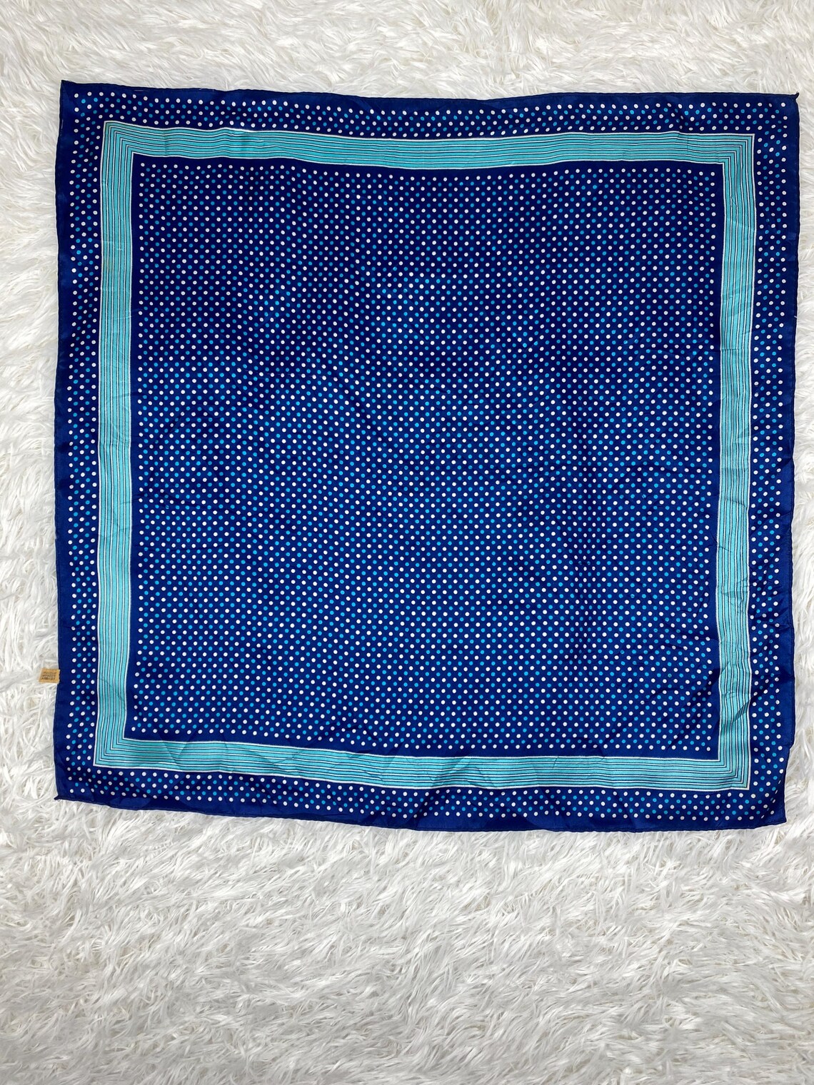 Vintage Navy Silk Scarf Polka Dot Geometric Border Square Neck Made in Japan Classic Hair Bandana Gift Her, foto 3 di 5