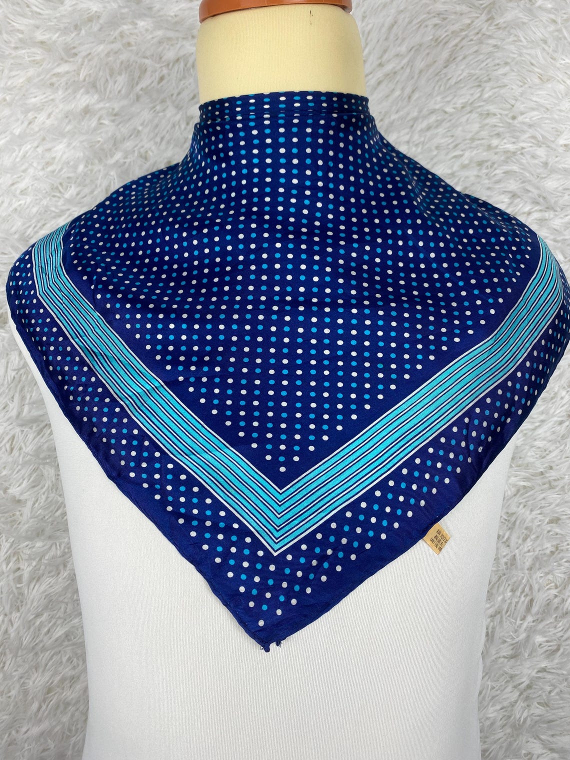 Vintage Navy Silk Scarf Polka Dot Geometric Border Square Neck Made in Japan Classic Hair Bandana Gift Her, foto 1 di 5