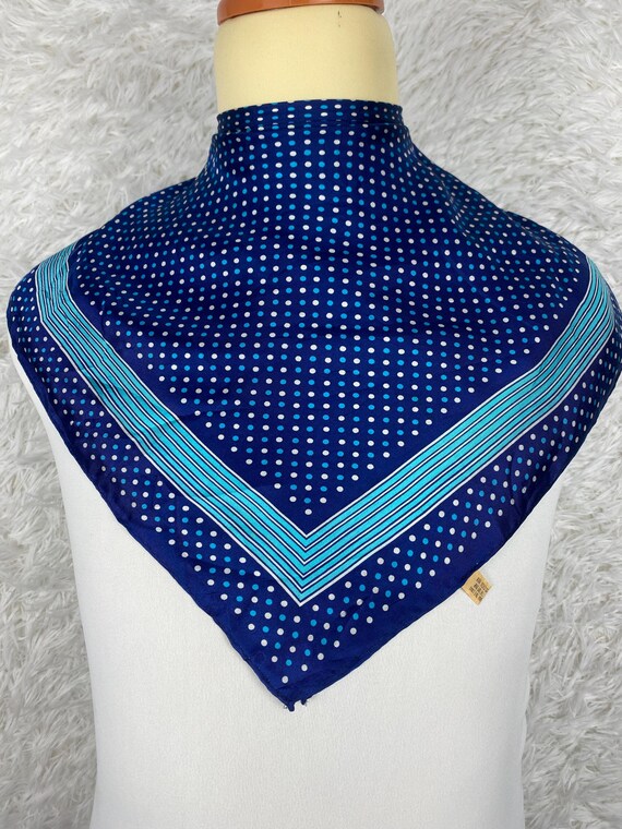 Vintage Navy Silk Scarf Polka Dot Geometric Border Square Neck Made in Japan Classic Hair Bandana Gift Her