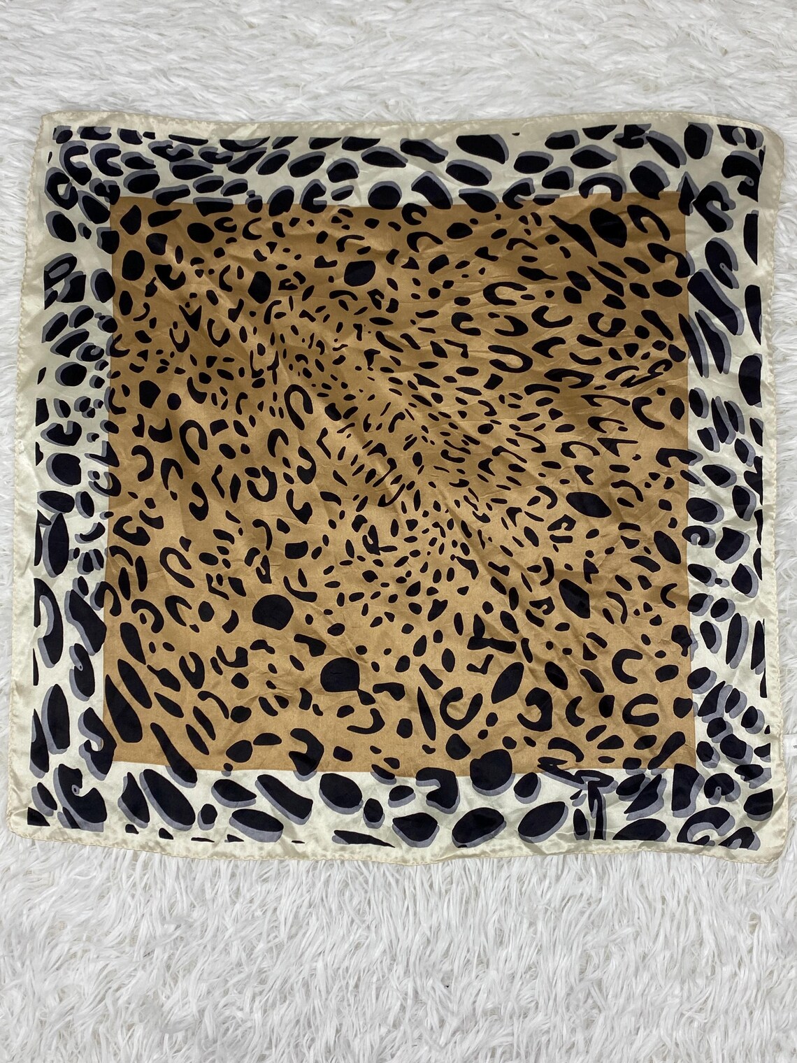 Vintage Silk Leopard Print Scarf | Brown Cream Animal Hair Wrap, foto 3 di 5