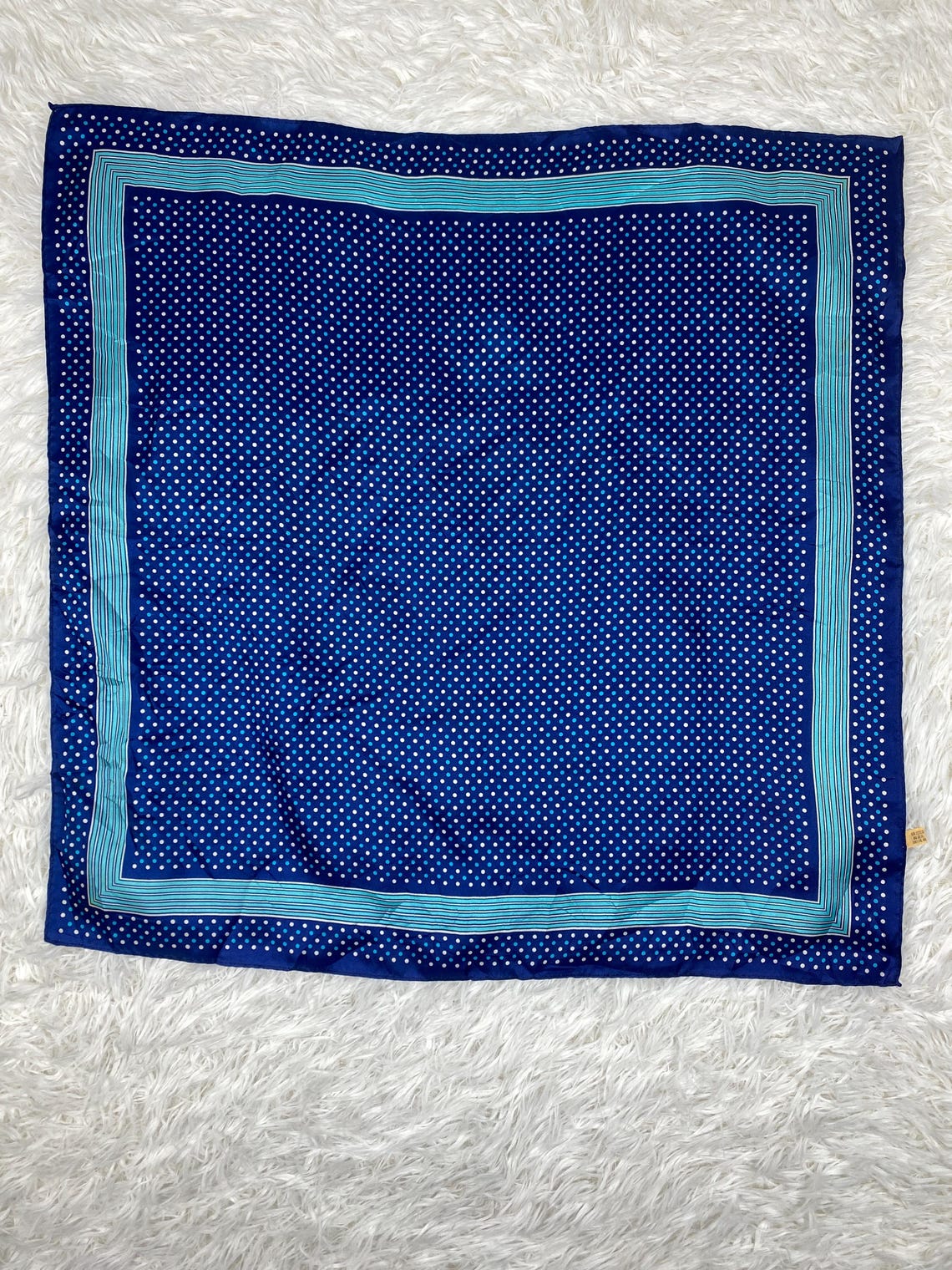Vintage Navy Silk Scarf Polka Dot Geometric Border Square Neck Made in Japan Classic Hair Bandana Gift Her, foto 2 di 5