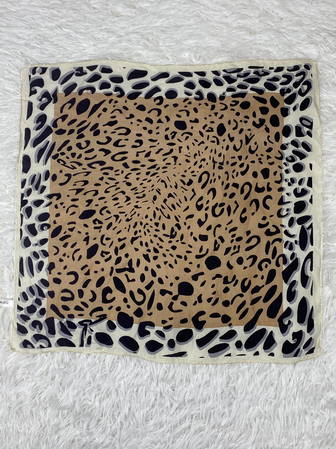Vintage Silk Leopard Print Scarf | Brown Cream Animal Hair Wrap, foto 4 di 5