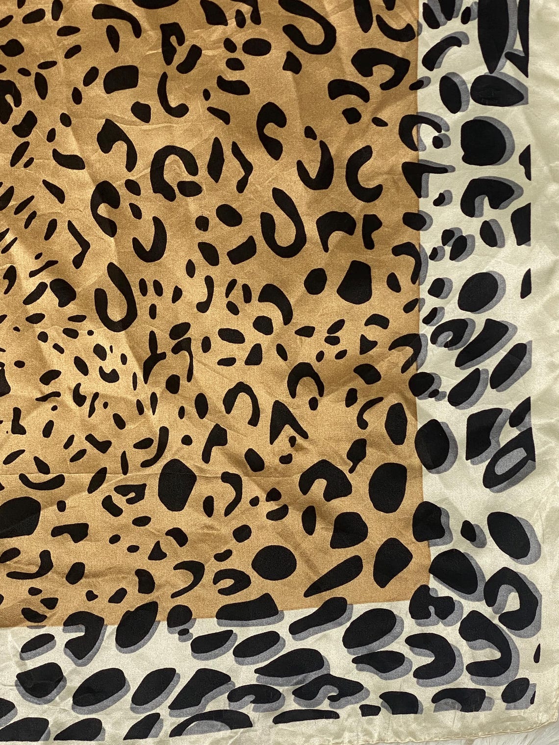 Vintage Silk Leopard Print Scarf | Brown Cream Animal Hair Wrap, foto 2 di 5