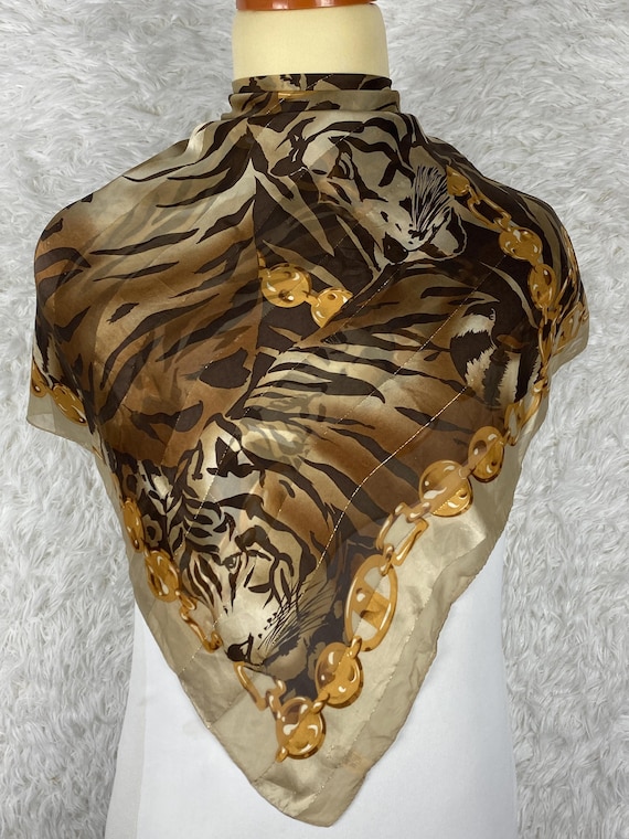 Vintage Japanese Silk Scarf, Tiger Leopard Print, Gold Chain Border, Lurex Thread