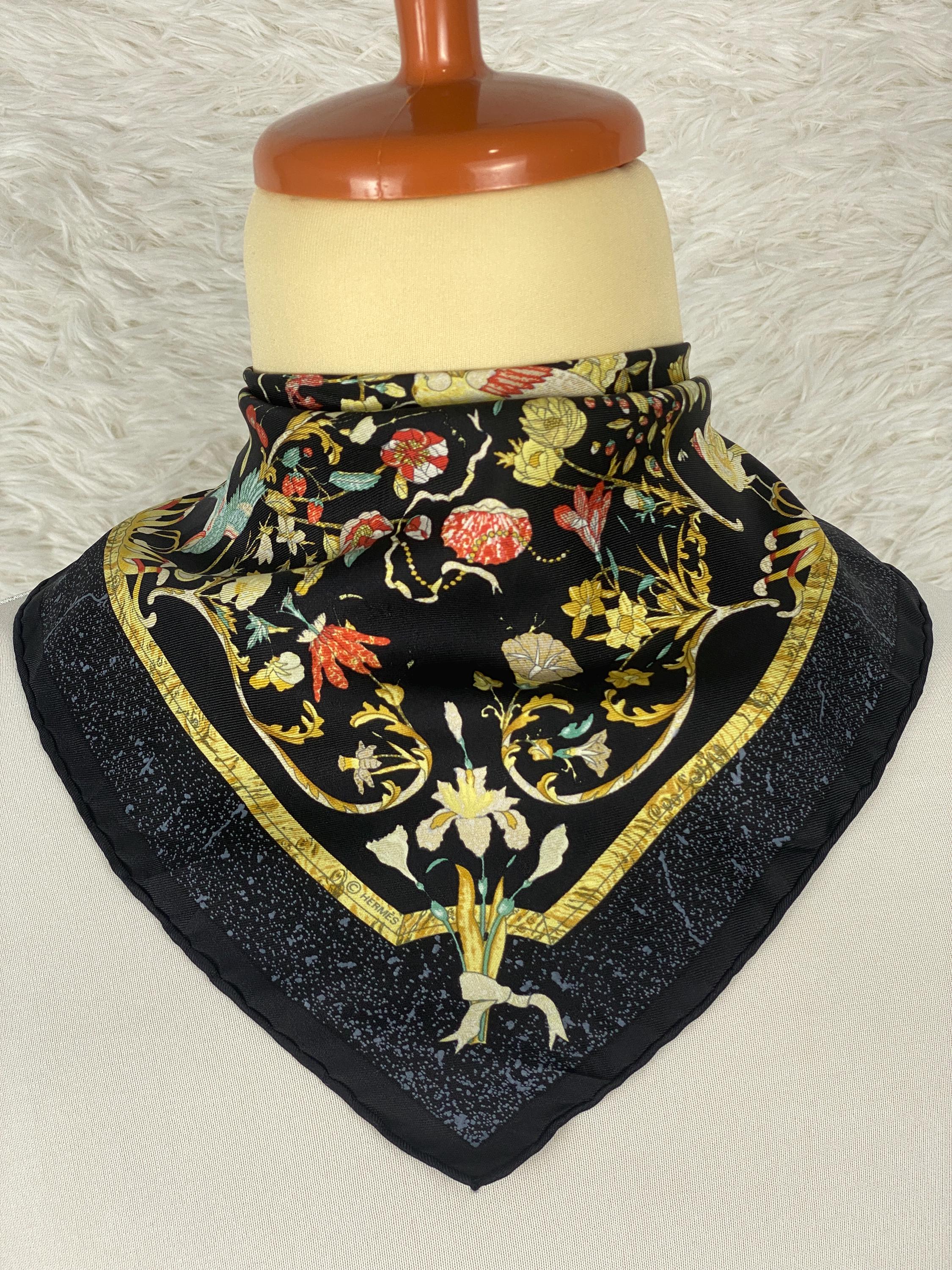 Vintage Hermès Silk Scarf Gavroche: Fleurs De Giverny, Black