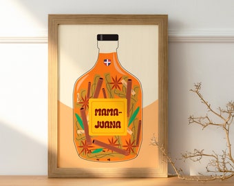 Op de afbeelding: Een ingelijste illustratie van een glazen fles gevuld met specerijen en kruiden. De fles is gelabeld "Mama Juana" en heeft een Dominicaanse vlag erop. De achtergrond is licht oranje.