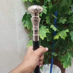 Handmade Wooden Walking Stick with Brass Victorian Royal Handle – Black and Silver Cane for Men and Women – Costume Accessory & Gift for Her