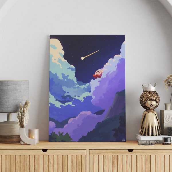 Dreams with Fallen Star, Anime Canvas Kirby Wall Art Shooting Star Canvas Gameboy Canvas Switch Game Painting Canvas Japanese Cartoon Canvas