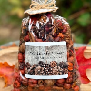 May include: A clear cellophane bag filled with a mix of dried potpourri, including star anise, cinnamon sticks, and small orange decorative pumpkins. The bag is tied with twine and has a label that reads "Door County Forager".