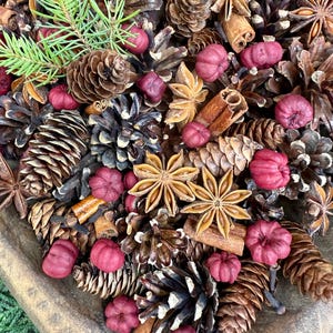 May include: A close-up of a wooden bowl filled with a mix of natural elements. The arrangement includes pine cones, star anise, cinnamon sticks, and small, burgundy-colored decorative pumpkins. A sprig of green pine needles adds a fresh touch.