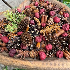 May include: A wooden heart-shaped bowl filled with a decorative arrangement. The arrangement includes pine cones, star anise, cinnamon sticks, small red pumpkins, and sprigs of evergreen. The colors are natural browns, reds, and greens.