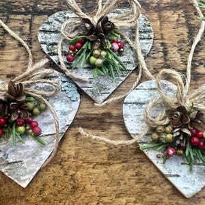 Birch Bark Heart Ornament, Set of 3, Holiday Yule Decor, Natural Sustainable, Door County Foraged, Wedding, Christmas, Valentine&#39;s Day
