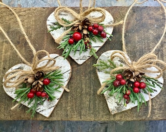 Birch Bark Heart Ornament, Set of 3, Holiday Yule Decor, Natural Sustainable, Door County Foraged, Wedding, Christmas, Valentine's Day