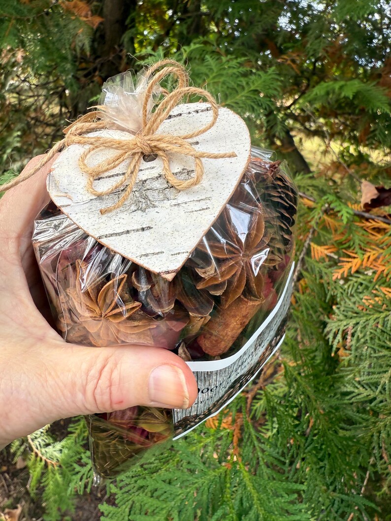 May include: A clear cellophane bag filled with dried botanicals, including star anise and cinnamon sticks, tied with a twine bow and a birch heart-shaped tag. The bag is held against a backdrop of green foliage.