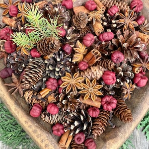 May include: A heart-shaped wooden bowl filled with a decorative arrangement of pine cones, star anise, cinnamon sticks, and small red decorative pumpkins. Green sprigs add a touch of freshness to the rustic display.