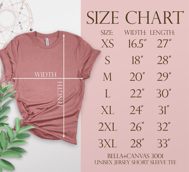May include: Size chart for a unisex short sleeve t-shirt made by Bella + Canvas. The chart shows the width and length measurements in inches for sizes XS to 3XL.