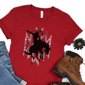 Western Fashion Tee, Rodeo T-Shirt, Saddle Bronc Riding Shirt, Aztec Western Design, Cowboy T-Shirt, Gift for Cowgirl, Western Birthday