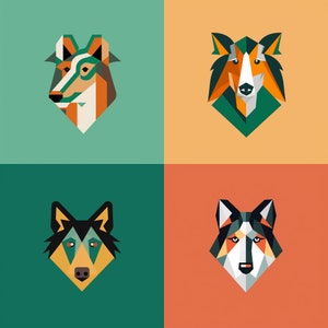 May include: Four geometric illustrations of dog heads in different colors. The top left dog is orange, white, and green. The top right dog is orange, white, and green. The bottom left dog is black, white, and green. The bottom right dog is black, white, and green.