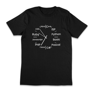 May include: Black t-shirt with a white graphic of a clock face. The clock face has programming languages like HTML, C++, CSS, Ruby, Javascript, PHP, Java, C#, ISP, Python, Basic, and Pascal written around the clock face.
