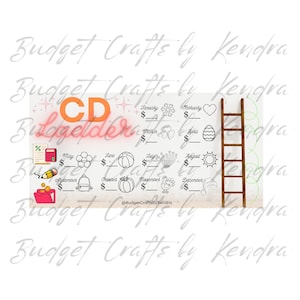 Może przedstawiać: Białe tło z projektem planera budżetowego. Planer zawiera ikony miesięczne i miejsca do śledzenia finansów. Widoczny jest tekst "CD" i "Budget Crafts by Kendra". Po prawej stronie znajduje się grafika drewnianej drabiny.