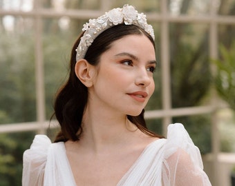 OPHELIA Floral cream pearl headband,  Silver leaf and pearl accessory, Handmade wedding flower headband, Bridal white and cream hairpiece