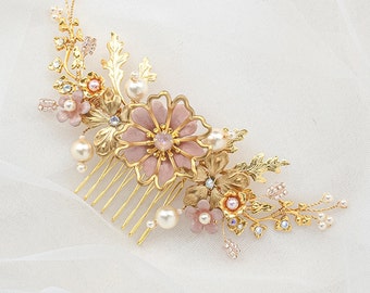 CALANTHA | Gold and pink flower bridal comb, Bespoke gold wire hairpiece, Floral handmade hair piece, Hint of blue pearl hair accessories