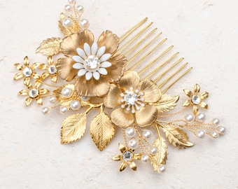 Peineta de novia con flor de perla dorada / Tocado de boda con cristales