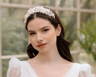 Floral Bridal Headband | White, Pink Flower & Pearl Hair  display picture 2