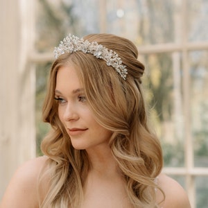 HARLOW Silver and crystal bridal flower tiara, White silver crystal wedding crown, Bridal hair piece, Silver wedding crown, Crystal tiara image 1