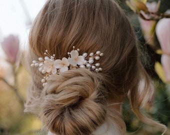 RHEA / Pettine da sposa con fiori di perla, parrucchino di perle d'avorio, copricapo da sposa floreale di perle, accessorio per capelli di perle nuziali, accessorio per capelli d'oro