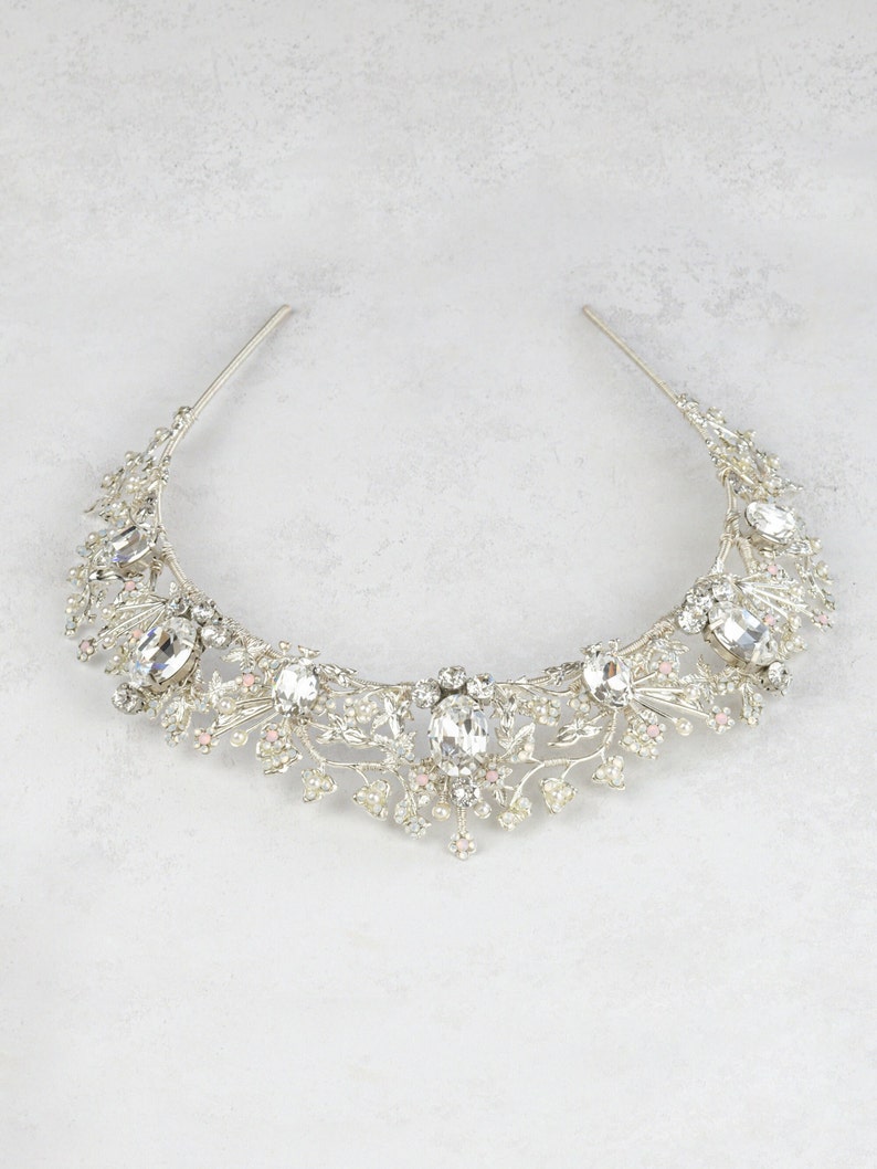 HARLOW Silver and crystal bridal flower tiara, White silver crystal wedding crown, Bridal hair piece, Silver wedding crown, Crystal tiara image 3