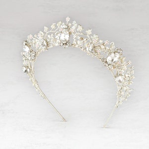 HARLOW Silver and crystal bridal flower tiara, White silver crystal wedding crown, Bridal hair piece, Silver wedding crown, Crystal tiara image 6