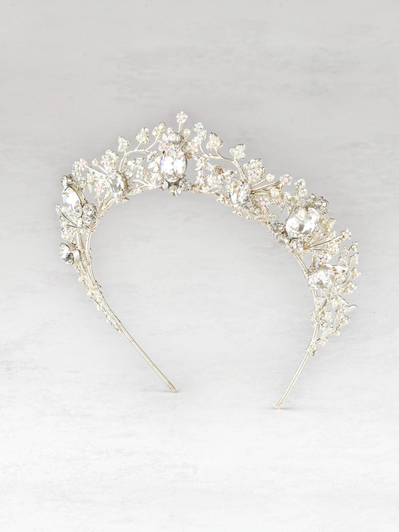 HARLOW Silver and crystal bridal flower tiara, White silver crystal wedding crown, Bridal hair piece, Silver wedding crown, Crystal tiara image 6