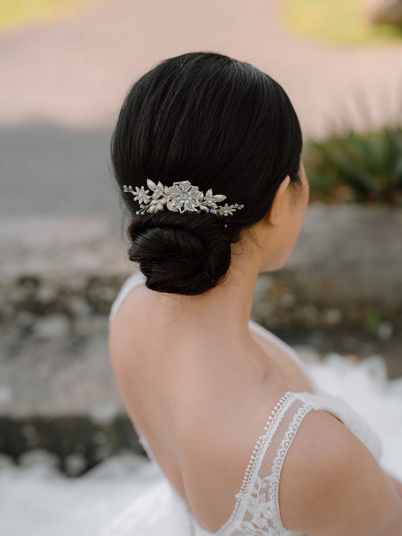 JOSEPHINE Something blue bridal comb, Silver and blue flower hair piece, Something blue wedding accessories, Silver bridal comb with blue image 1