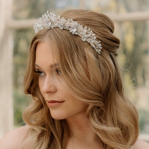 HARLOW Silver and crystal bridal flower tiara, White silver crystal wedding crown, Bridal hair piece, Silver wedding crown, Crystal tiara image 4