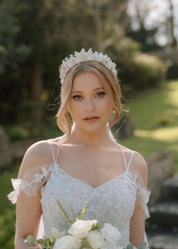 Crystal Bridal Tiara | Silver Wedding Flower Crown, Handmade  display picture 1