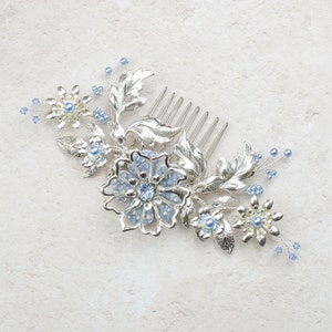 JOSEPHINE Something blue bridal comb, Silver and blue flower hair piece, Something blue wedding accessories, Silver bridal comb with blue image 4