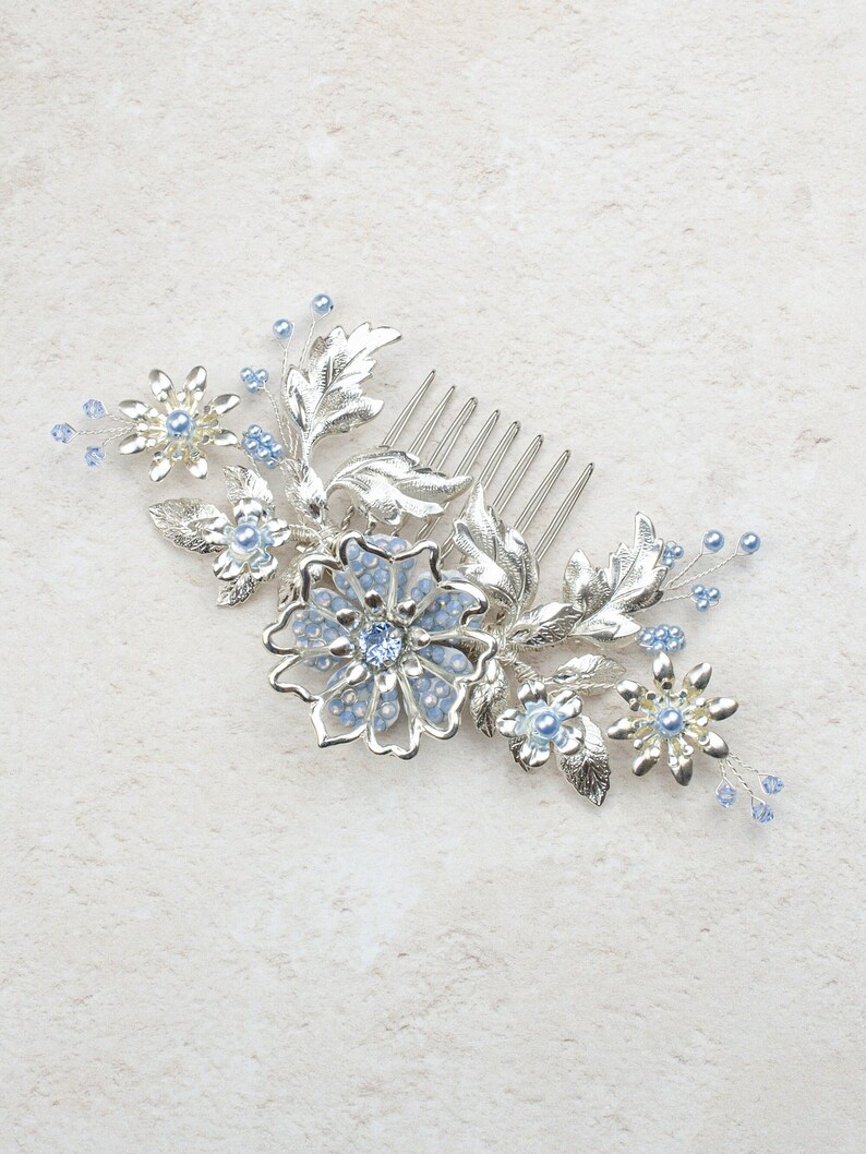 JOSEPHINE Something blue bridal comb, Silver and blue flower hair piece, Something blue wedding accessories, Silver bridal comb with blue image 4