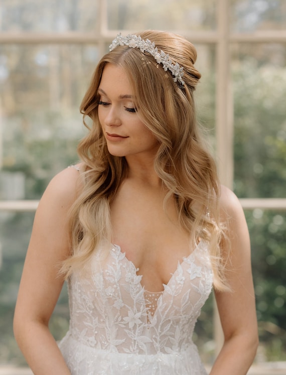 Crystal Leaf Bridal Tiara, Silver or Gold Flower Wedding  display picture 1