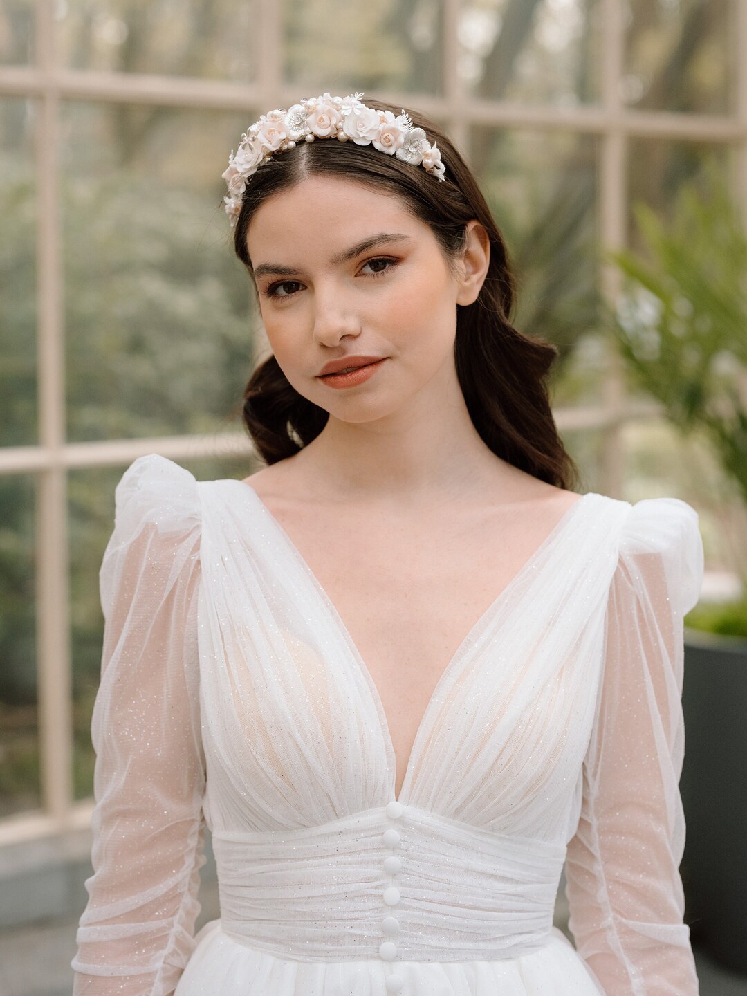 Hand Crafted Pink and White Floral Bridal Headband Amazon.com : Kercisbeauty Pink and White Prom Floral  main image 2