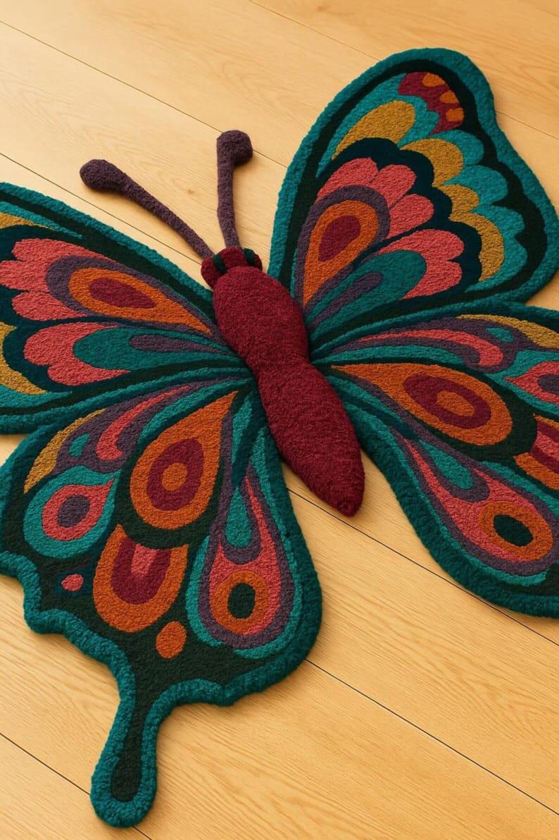 Large Butterfly Hand Tufted Rug .colorful Animal Shaped Wool Carpet ...